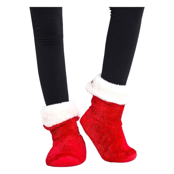 Women's Red Coral Velvet Non-Slip Indoor Warm Cozy Pull On Lined Bootie Slippers - Picture 5 of 11